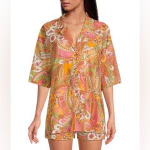 NWT Gianni Bini Thea Paisley Print Button Front Camp Collar Shirt Size XS